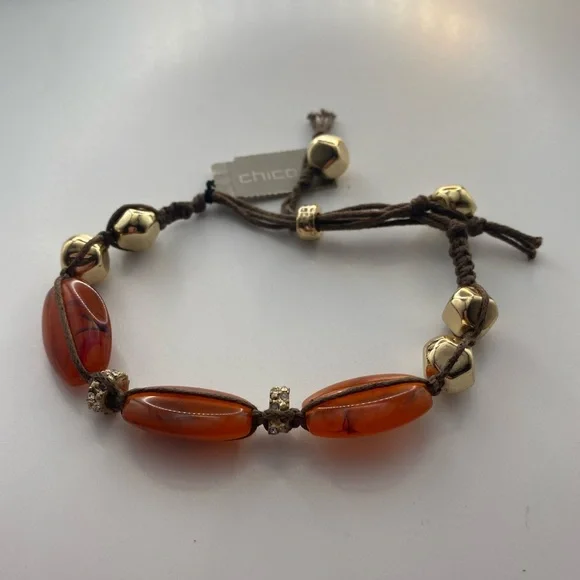 Chico's Amber Colored Brown and Gold Bohemian Macrame Bracelet NWT Adjustable - Picture 1 of 5